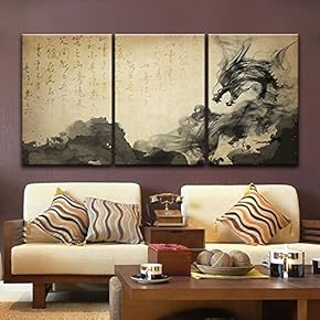 3 Panel Chinese Ink Painting Style with Dragonlike...