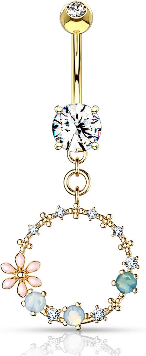 Multi-Color Flower Circle Dangle Steel Belly Button Navel Ring