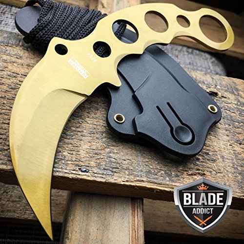 TACTICAL GOLD COMBAT KARAMBIT NECK KNIFE Survival Hunting BOWIE Fixed Blade