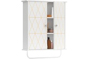 PALIMDER Bathroom Wall Cabinet Storage Cabinet Above Toilet, Bathroom Cabinet with Gold Decoration, Adjustable Shelves, Medicine Cabinet, and Space Saving Medicine Cabinet in The Living Room Cabinet White