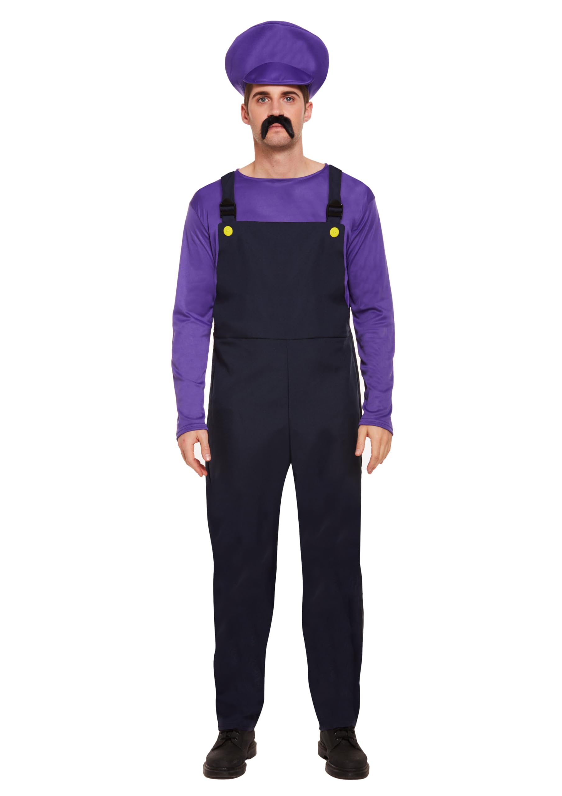 HENBRANDT Adult Men’s Purple Bad Plumber Fancy Dress Costume XL Retro 1980s Videogame Purple + Black Overalls Moustache Brothers Workman Dress Up Outfit One Size Extra Large Mens Fancy Dress Costume