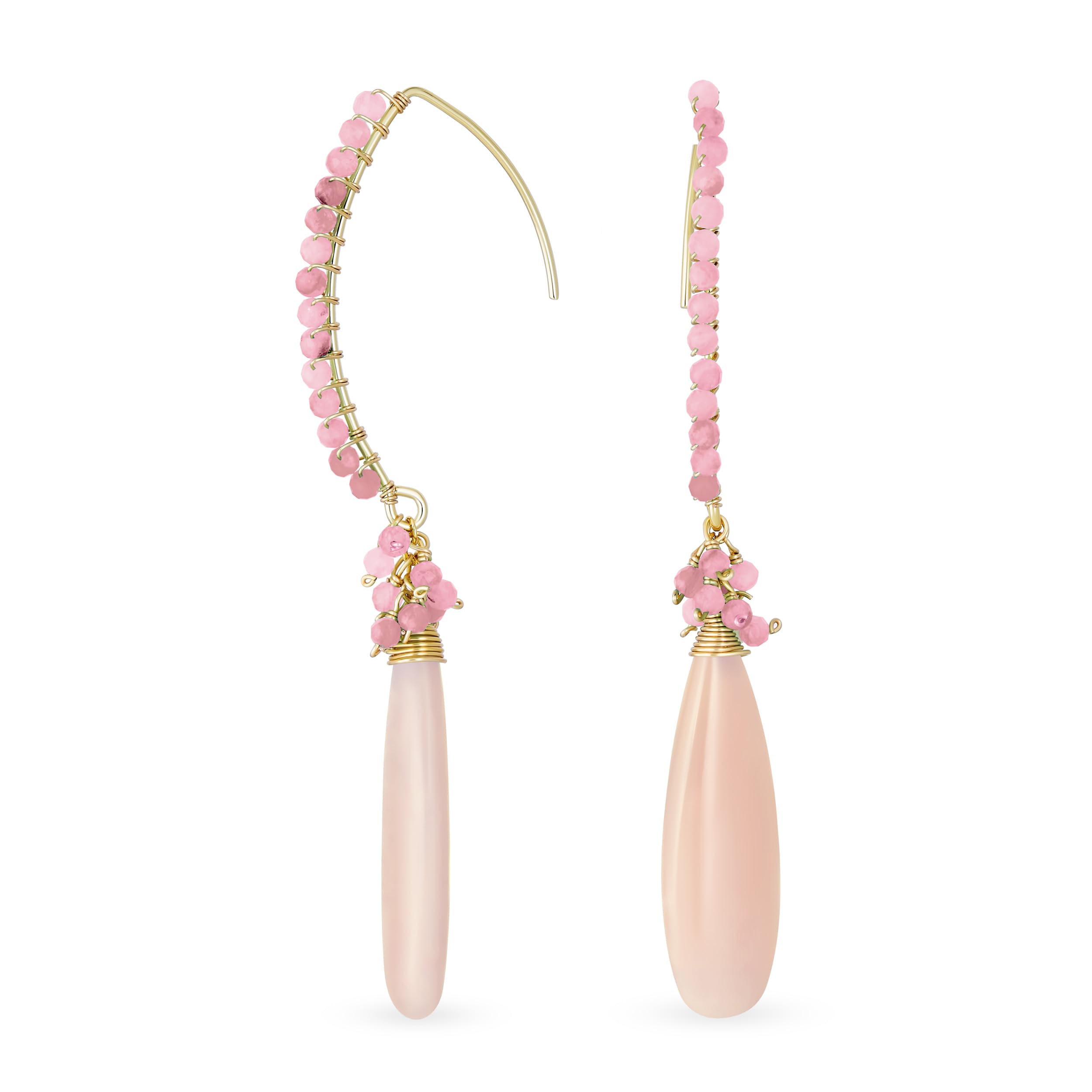 Boho Wire Wrap Cluster Bead Accent Linear Elongated Fish Hook Soft Light Pink Tourmaline Long Teardrop Gemstone Chandelier Dangle Earrings For Women Teens 18K Yellow Gold Plated
