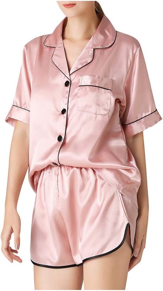 MOTOCO Womens Pyjama Sets Simulation Button Down Short Sleeve Pocket Nightshirt Sleep Shirt Nightie Sleepwear Nightwear Sets