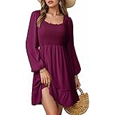 Dokotoo Women's Fall Smocked Mini Dress Square Neck Long Lanter Sleeve Casual Ruffle Swing Boho Beach Dresses Flowy Loose Babydoll Lace Dress Purple Large