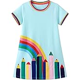 Funnymore Back to School Dresses for Toddler Girls Summer Short Sleeve Cotton Cute Casual Clothes Sundress Outfits Clothing Pencils and Rainbow 4t
