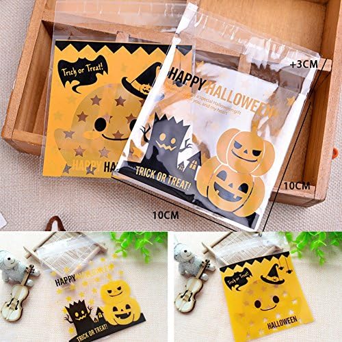 Halloween Candy Cookie Bag, FAVOLOOK 100 Pcs Clear Self-Adhesive Smiley Face Pumpkin Ghost Plastic Cello Wrapping Bag Papers for Party Gift (10x10cm, Smile Face)