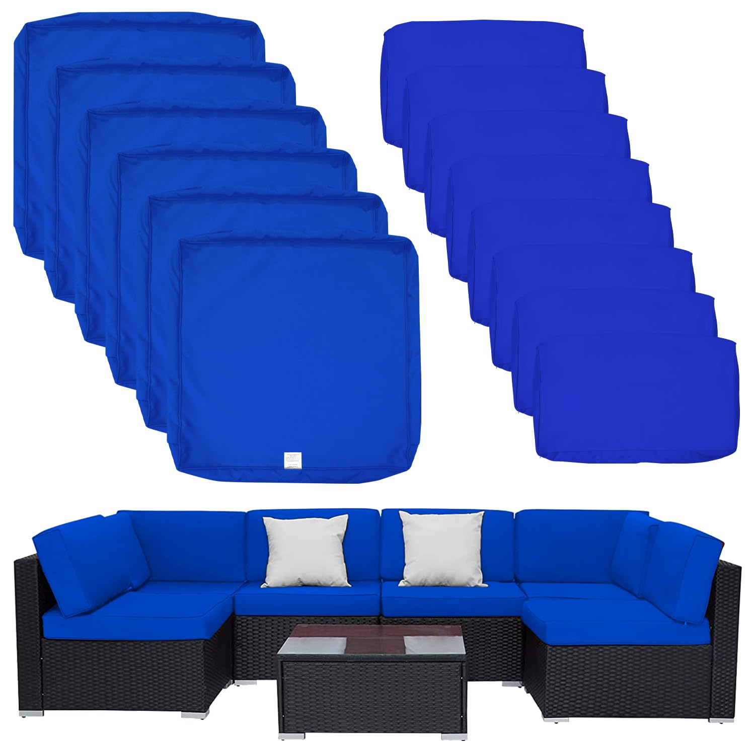 Photo 1 of ClawsCover 14Pack Outdoor Patio Seat and Back Cushions Replacement Covers Fit for 7Pieces 6-Seater Wicker Rattan Sectional Couch Chair Furniture Set,Royal Blue-Include Cover Only (Large)