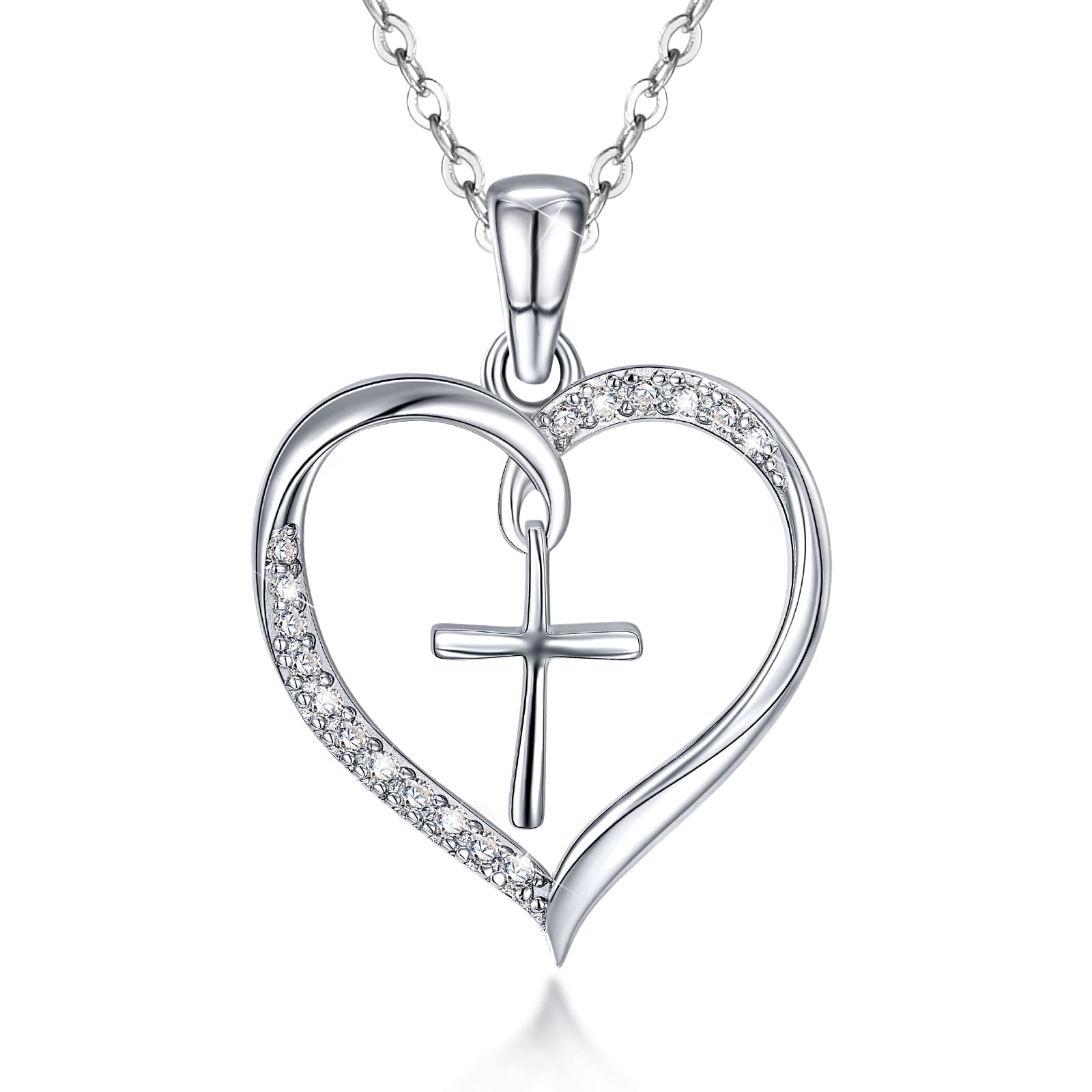PEARLOVE 925 Sterling Silver Cross Necklace for Women, Love Heart Pendant Necklaces for Teen Girls Gifts with Cubic Zirconia
