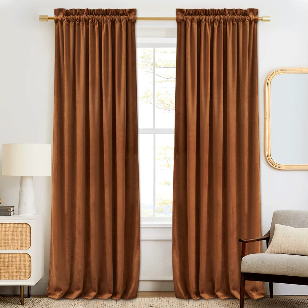 Photo 1 of RYB Home Caramel Velvet Curtains 2 Panels Set, Heavy Duty Window Treatment Privacy Room Darkening Panels Plush Backdrops for Living Room, 52 inch x 90 inches, Orange