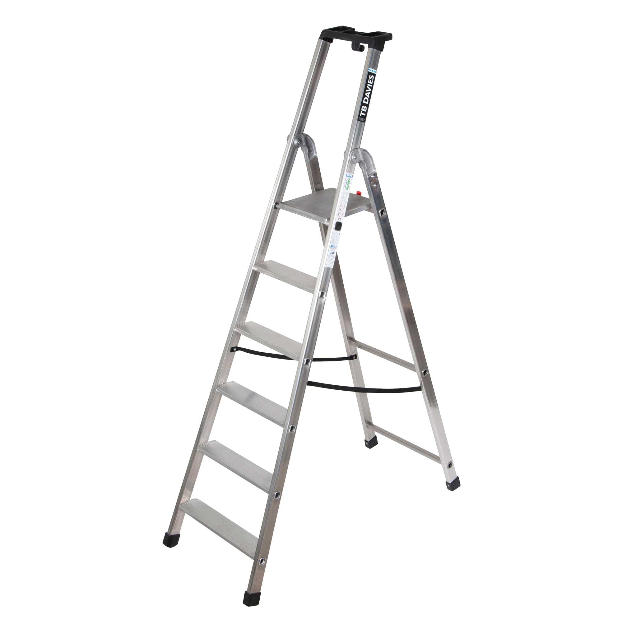 TB Davies 1202-026 Heavy-Duty Platform Step Ladder, 6 Tread, Platform Height 1.3m, Aluminium, 150kg Work Load, EN131 Professional