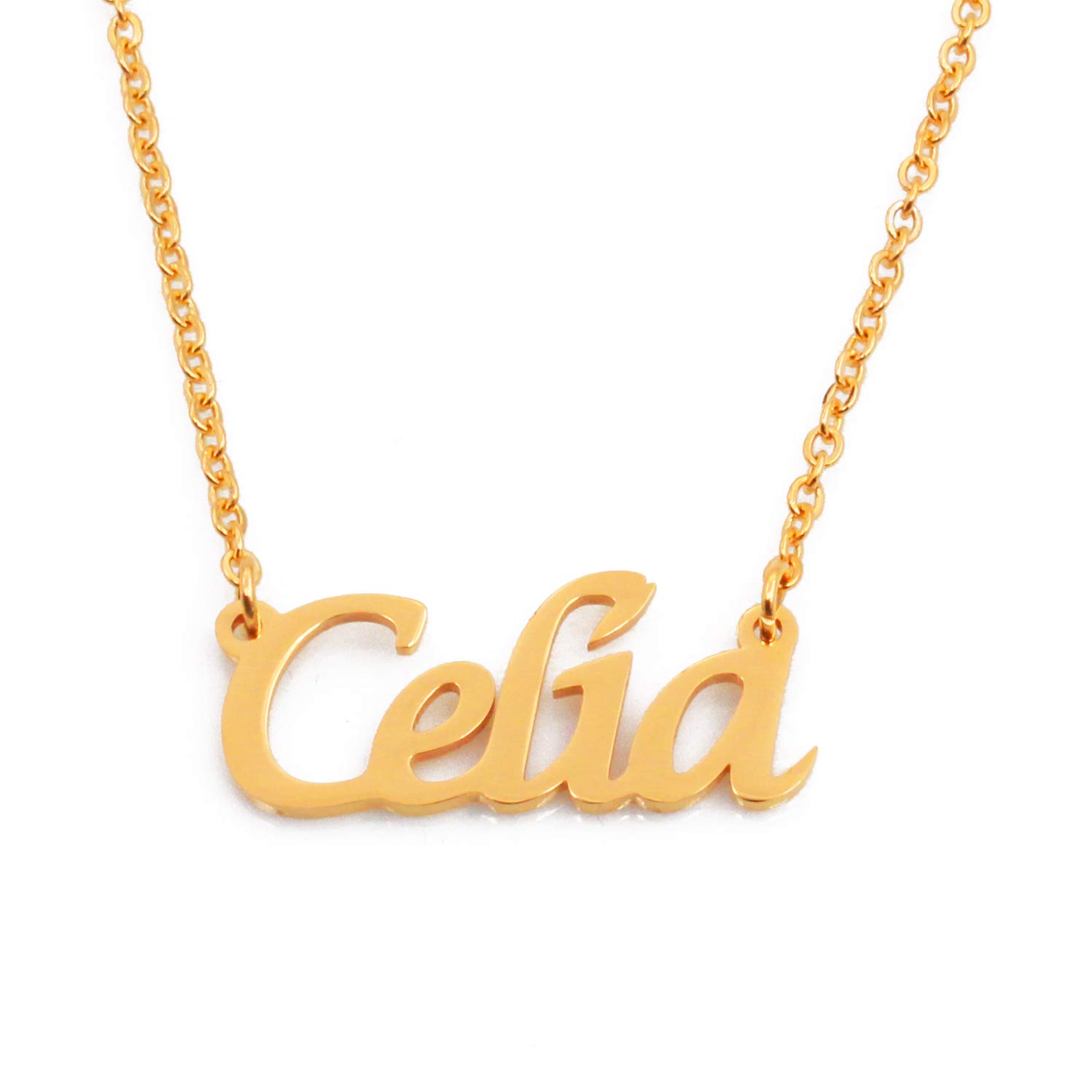 Kigu Celia Personalised Name Necklace Adjustable Chain - 18ct Gold Plated - Jewellery for Women - Incl Gift Packaging