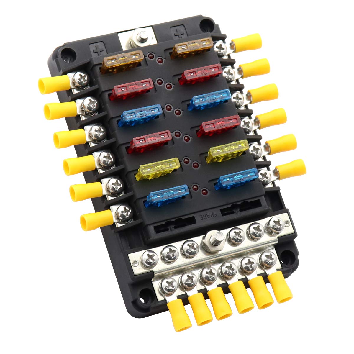 12 Way Fuse Box with Negative Bus Bar 12V 24V DC Blade Fuse Blocks 12 Circuits Fuse Box Holder for Automotive Boat SUV RV Van