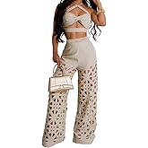 Recious Womens Sexy 2 Pieces Tank Tops Bodycon Wide Leg Cut Off Holes Pants Party Clubwear Tracksuit Outfits Set, Medium