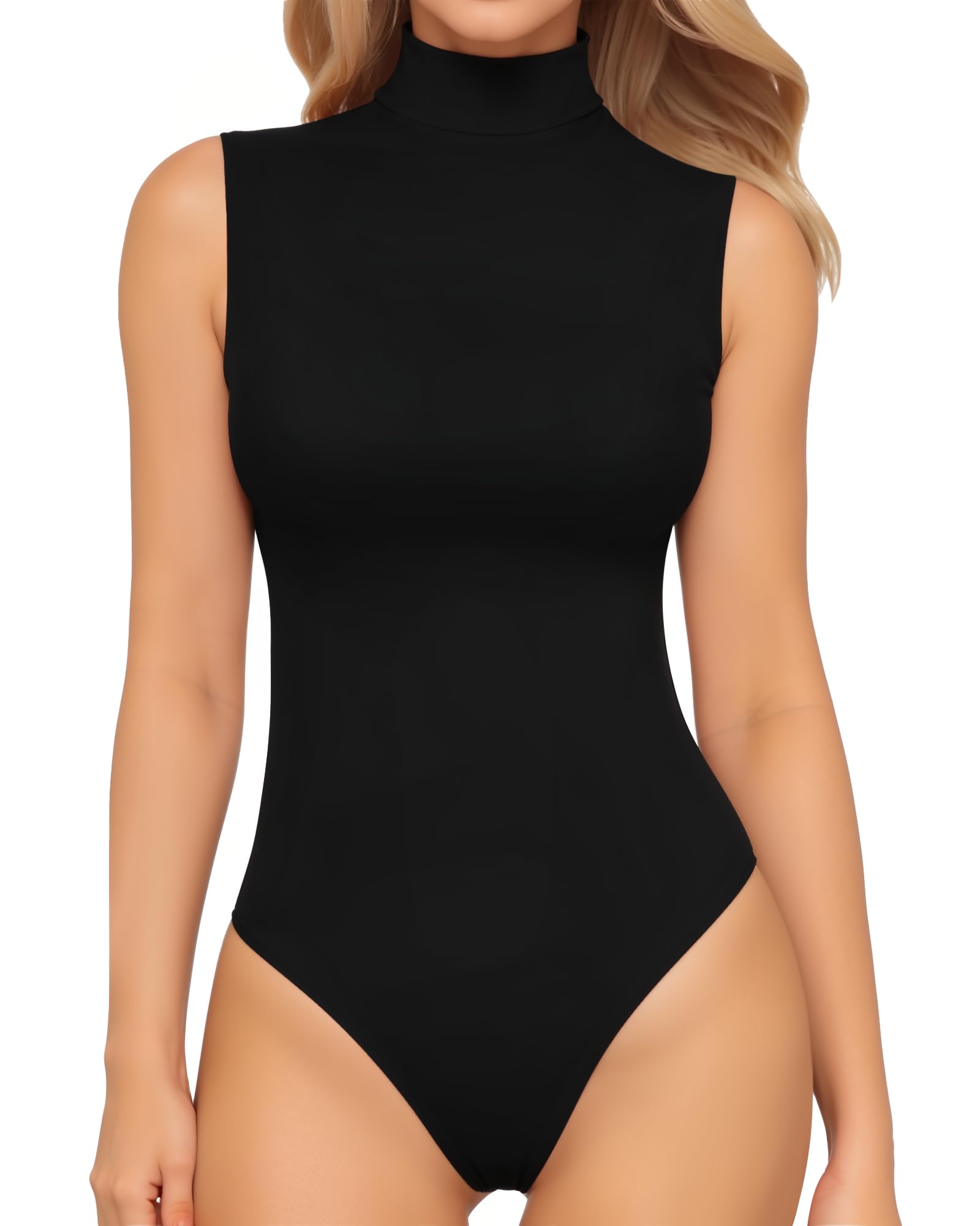 Photo 1 of MANGOPOP Tank Top Bodysuit for Women Double Lined Thong Mock Turtle Neck Sleeveless Sexy Body Suit