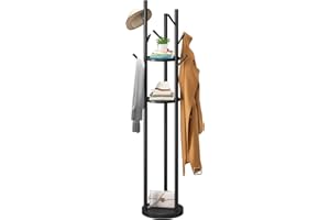 FILWH Bamboo Coat Rack Rotary Freestanding Coat Tree Rack Stand with 9 Hooks 3 Storage Shelves Easy Assembly Standing Coat Rack for Hallway Entryway Coat Hanger Stand for Clothes(Black)