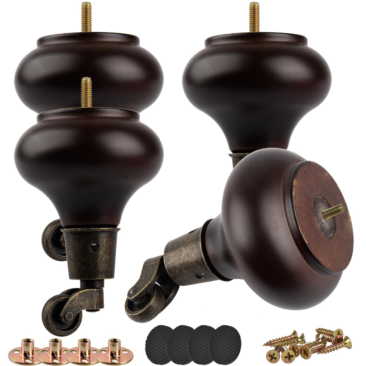 5.1 inch / 13cm Furniture Legs with Castors,4Pcs Walnut Solid Wood Feet Round Gourd Wooden Turned Replacement Feet with Threaded M8 Hanger Bolt & Mounting Plate & Screws For Recliner,Ottoman