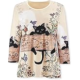 Cute Kitty Shirt for Women with Shiny Rhinestones, Fun Cat Graphic Casual Top with 3/4 Sleeves