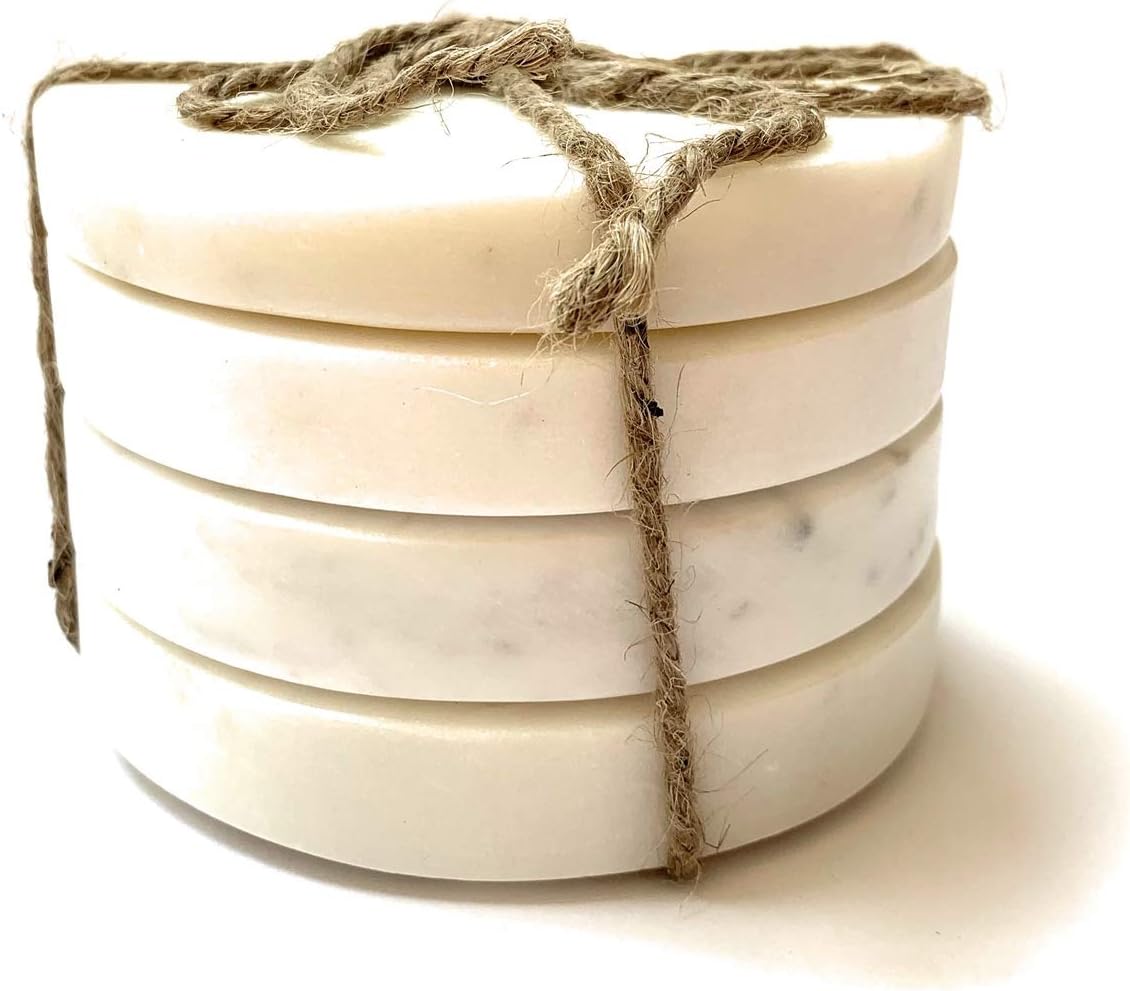 Set of 4 Round White Marble Coasters Gift Packed Natural Marble