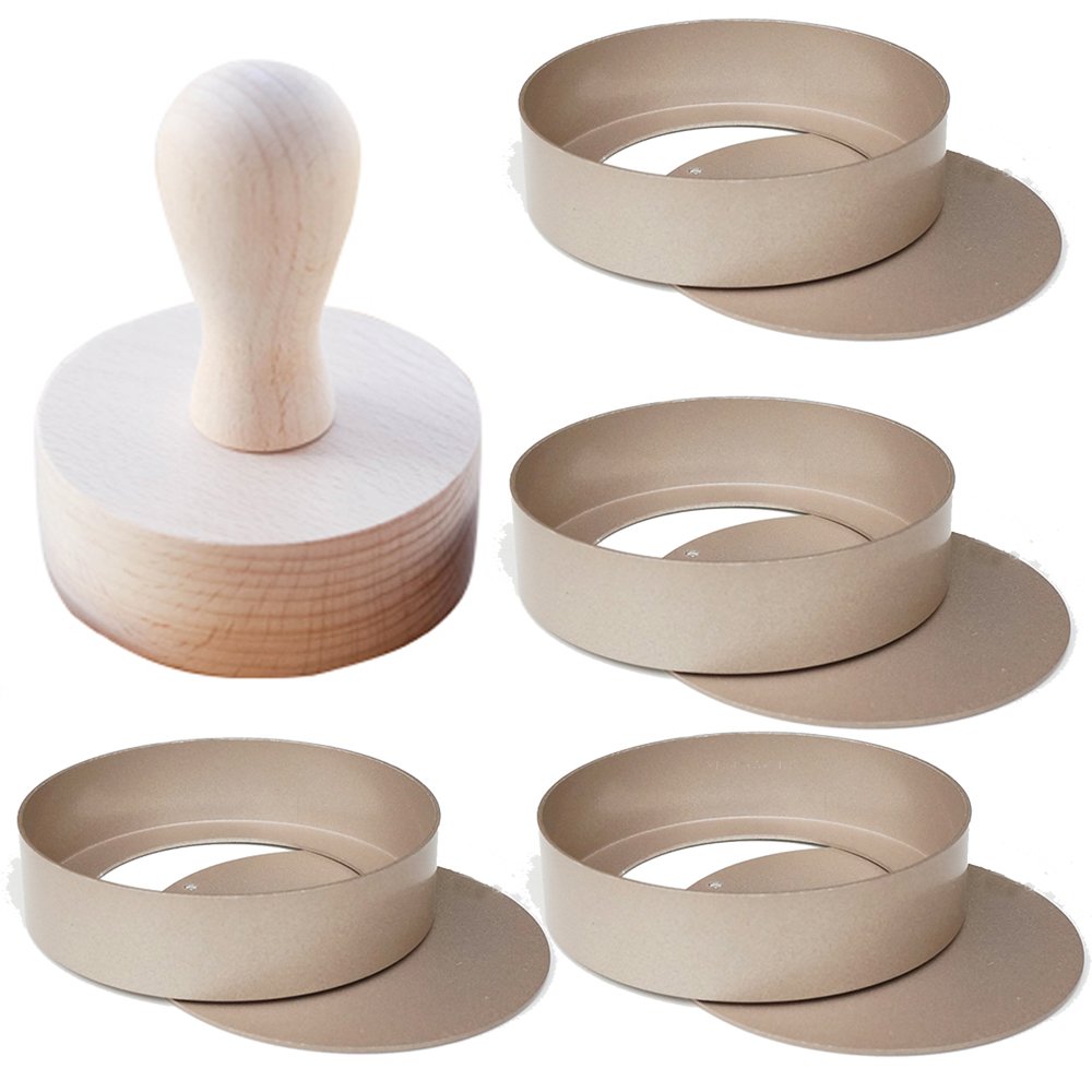 TAMUME Rose Gold Aluminum Tart Mould Set of 4 with A Wooden Press, Round Baking Mould Set of 4 and Pastry Mould and Pie, Tart & Quiche Pans