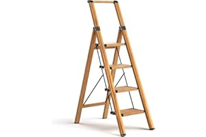LADNAMY 4 Step Ladder, Aluminum Folding Step Stool W/Wide Pedal, Lightweight Safety Step ladder for Adults, Decorative Storage Shelf Ladder for Kitchen Office Library, 330IBS Capacity Step Ladder, Woodengrain