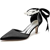 MNTSUEDS Closed Toe Pearl Kitten Heels Satin Wedding Shoes for Bride Low Heels with Bow Bridal Heels for Women Prom Evening Party Dress Shoes Pumps