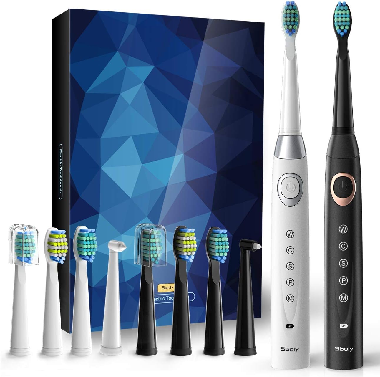 Sboly 2 Sonic Electric Toothbrushes 5 Modes 8 Brush Heads USB Fast Charge Powered Toothbrush Last for 30 Days, Built-in Smart Timer Rechargeable Toothbrushes for Adults and Kids (1 Black and 1 White)