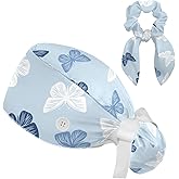 Colored Butterflies Scrub Cap, Adjustable Working Cap with Button, Bouffant Caps with Bow Hair Scrunchy