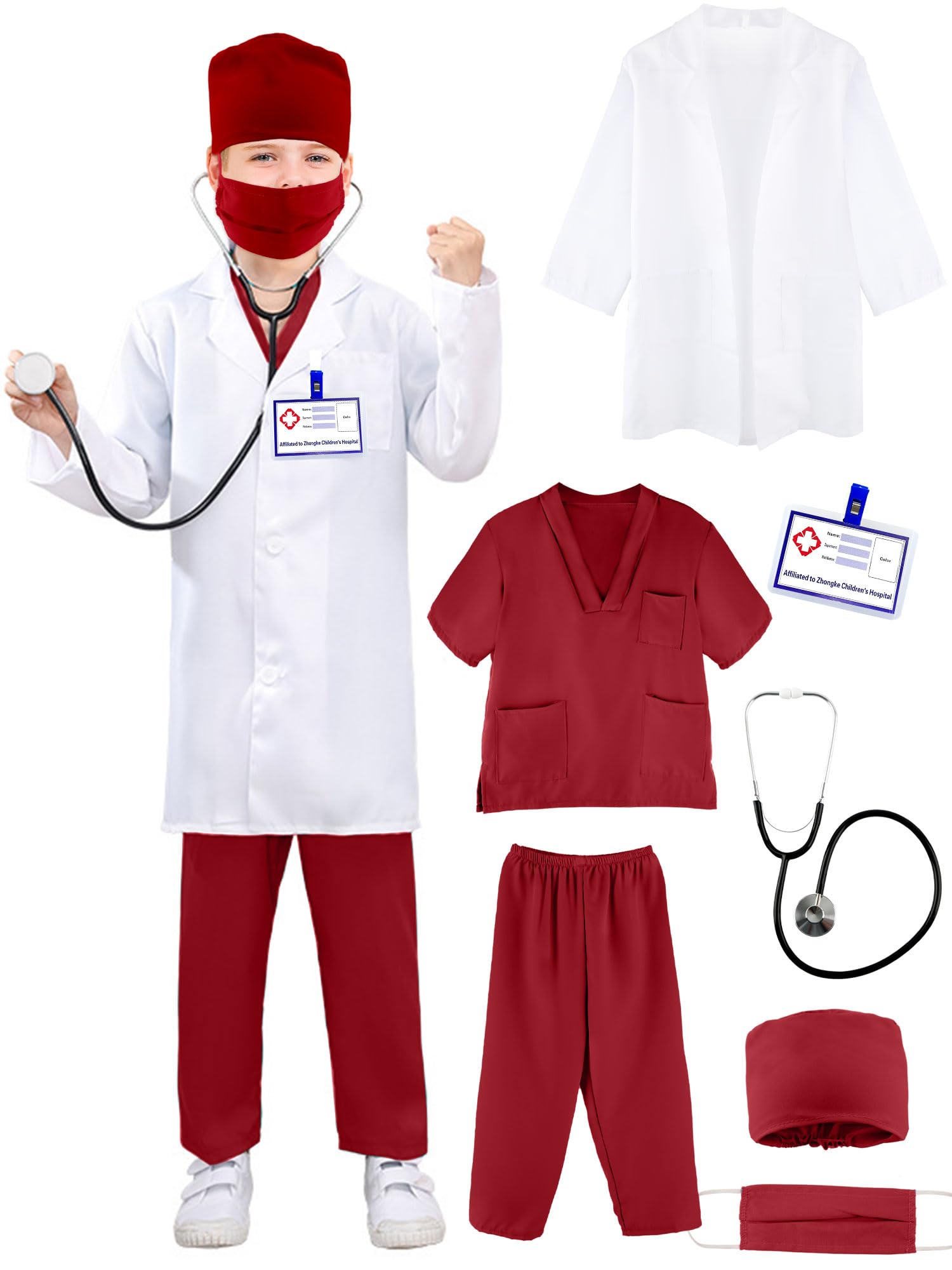 Puteraya Kids Doctor Costume Set Surgical Doctor Suit Kit Scientist Uniform with Stethoscope Toys for Boys Girls Dress Up Halloween Cosplay (Doctor Costume Set 6, 5-7 Years(110-120 cm))