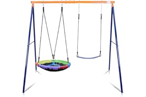 LUNAFUN Swing Set for Backyard, 440lbs Swing Set with Heavy-Duty A-Frame Metal Stand, 1 Saucer Swing Seat & 1 Belt Swings Seat