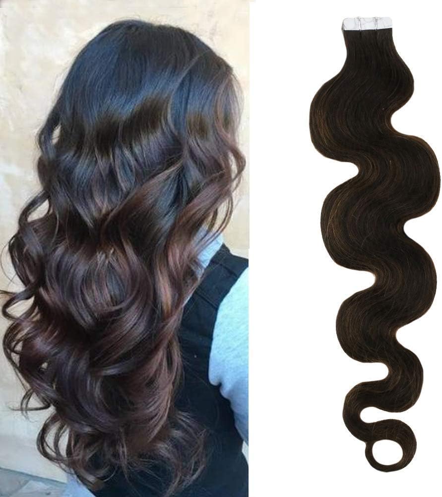Moresoo Tape in Human Hair Extensions Wavy Balayage 14 Inch Invisible Tape in Hair Extensions Foe Short Hair Color #2 Brown Fading to #6 50G Body Wave Hair Extensions Tape in 20PCS 50G