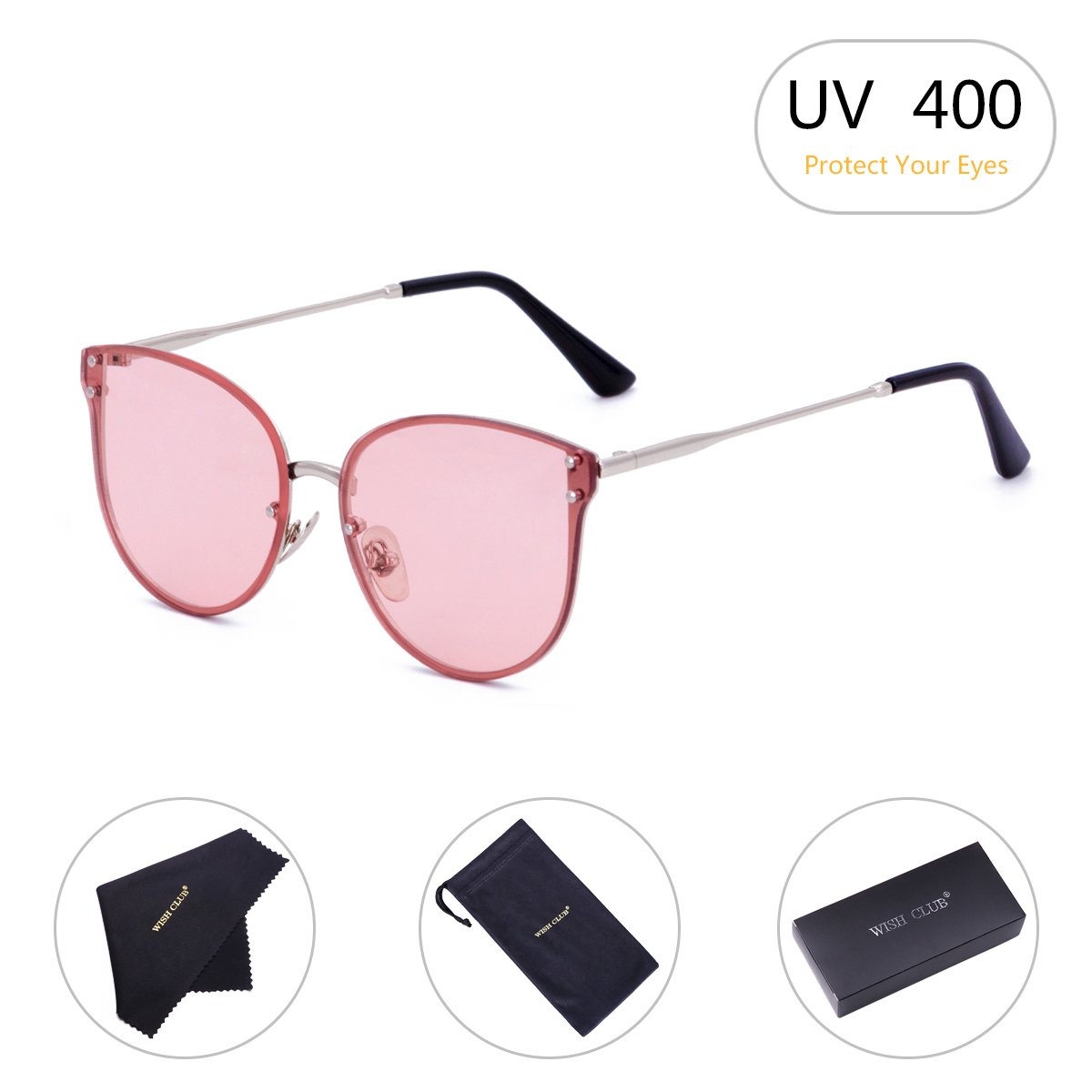 WISH CLUB Women Pink Oversized Cat Eye Sunglasses Designer Rimless Flat Mirrored Lenses Glasses