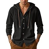 Mens Cotton Linen Button Down Hoodies Long Sleeve Casual Hoodies Hawaiian Beach Top Lightweight Fashion Shirts