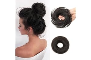 Isheeny 100% Human Hair Bun, Messy Bun Hair Piece Real Human Hair Extensions Natural Curly Brown Hair Bun Hairpieces For Women/Kids Girls Tousled Updo Chignons Daily Use (Natural Black)