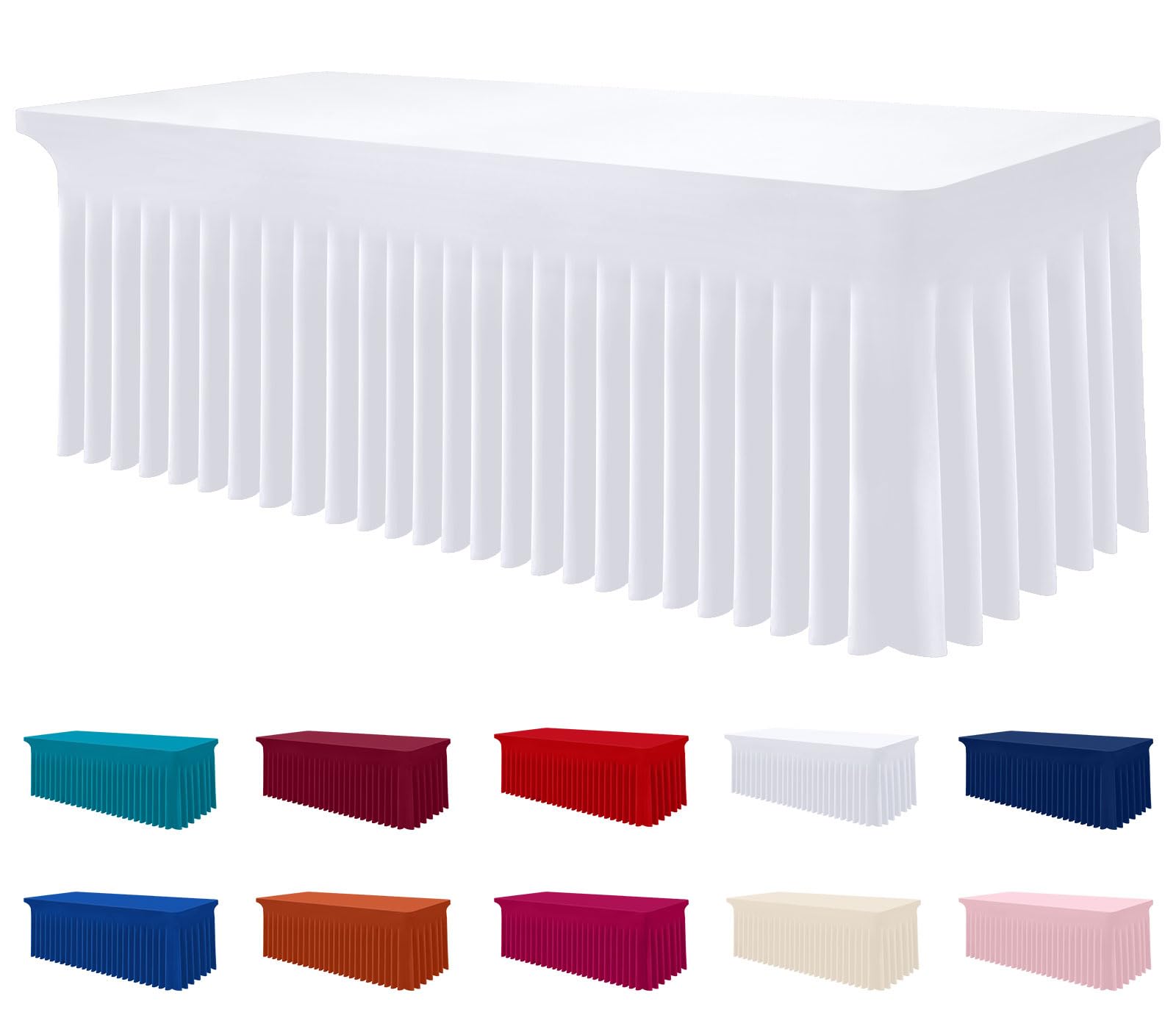 Photo 1 of Smiry Spandex Tablecloth, Elastic Fitted Stretch Tablecloth for 6FT Rectangle Tables, Waterproof Washable Table Cover Skirt for Outdoor, Wedding, Banquet & Parties (White, 72Lx30Wx30H Inch)