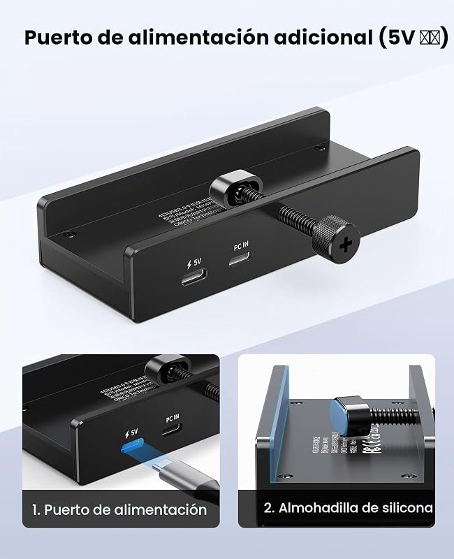 Hub USB 3.0, hub USB clamp com porta de alimentação adicional, adaptador USB C em alumínio com 2 portas de dados USB-A, leitor de cartões AUX SD/TF de 3,5mm para