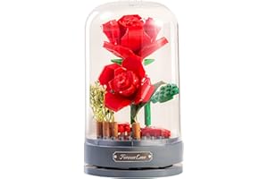 MEIEST Building Blocks Flowers Bouquet Set with Music Box and Dust-Proof Dome,Simulation Artificial Particle Flower Collection Construction Building Bricks Toy,Home Decor,6+ (Red Rose), (6198)