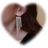 W WEILIRIAN Bohemian Crystal Tassel Drop Earrings Rhinestone Tassel Earrings Cz Tassel Chain Earrings Crystal Ear Jacket Earrings Silver Cz Wedding Dangle Earrings Jewelry for Women and Girls Gifts