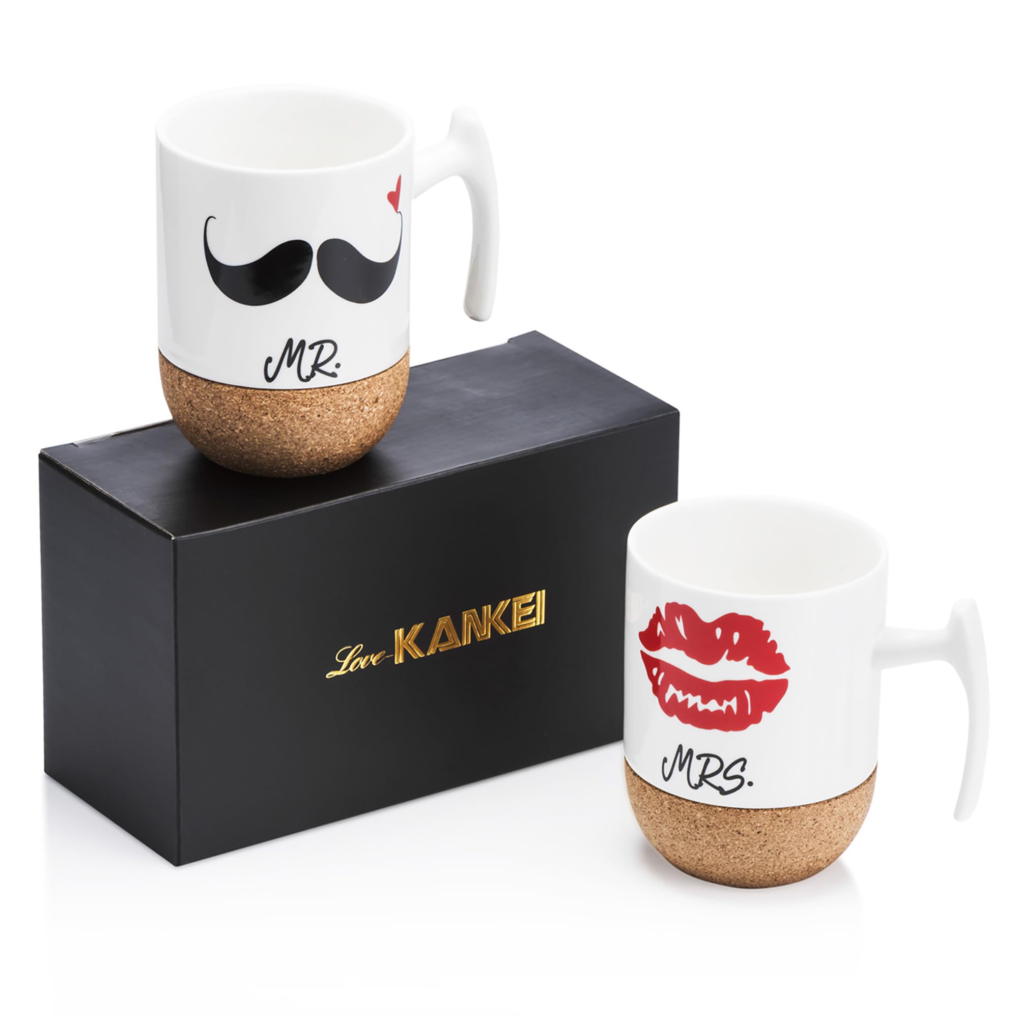 Love-KANKEI Mr and Mrs Ceramic Mugs with Novelty Cork Bottom - Wedding Gifts/Valentines Gifts for Couples - Set of 2/10.5 oz