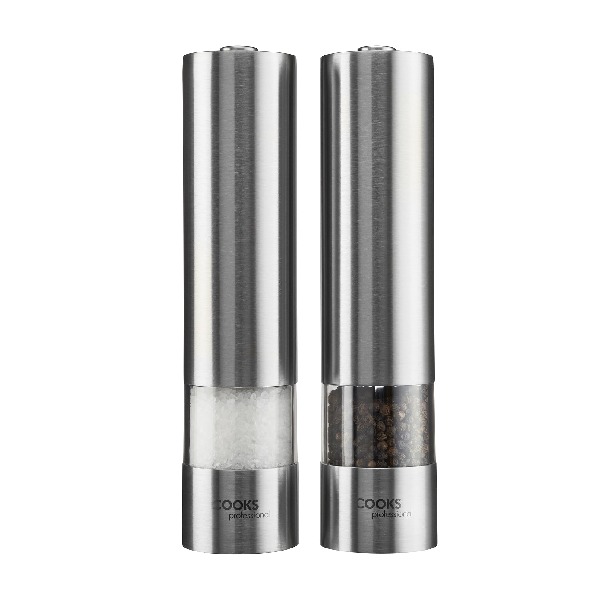 Cooks Professional Electric Salt and Pepper Mill Set | Battery Operated Automatic Grinders with Adjustable Course & Fine Grinding & One Touch Operation | Condiment Seasoning Grinder | Stainless Steel