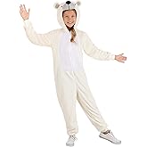 Polar Bear Costume Outfit for Kids - Soft Faux Fur Hooded Jumpsuit with Stuffed Snout, Tail, and Embroidered Details