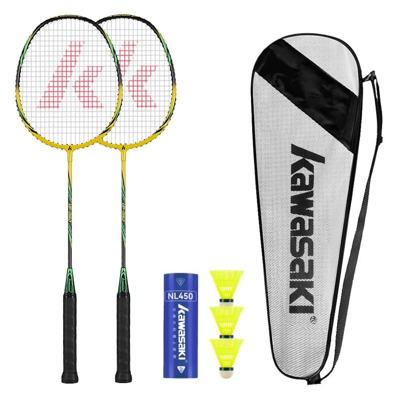 Kawasaki Badminton Rackets, Graphite Shaft Alloy Frame Lightweight Badminton Racket Set of 2 for Training, Sports and Entertainment, with 3 Shuttlecock, 2 Overgrips and 1 Bag (Yellow/Red)