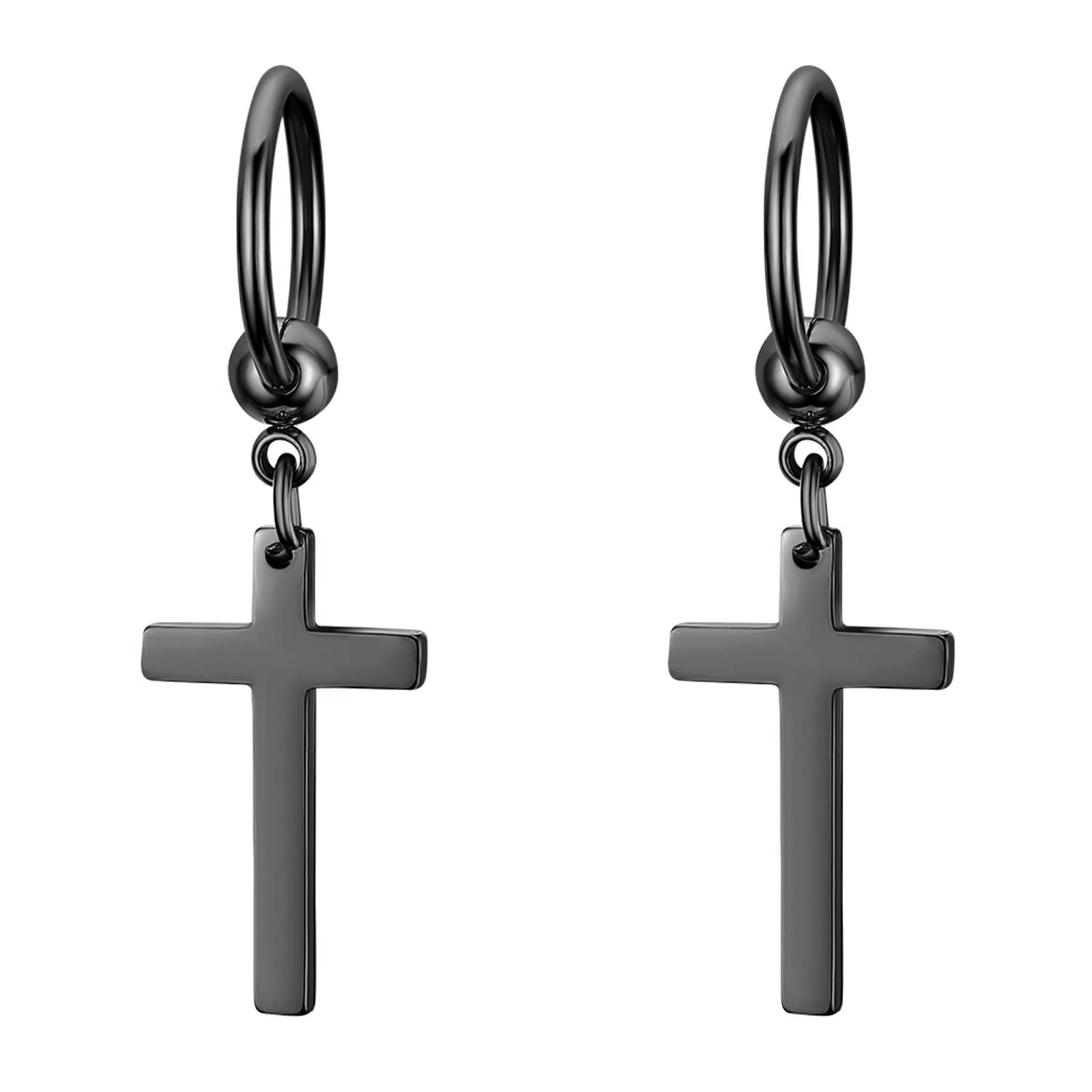 JewelryWe Cross Earrings,Glossy Stainless Steel Dangle Earrings Hoop Ear Rings for Men Women(Black)