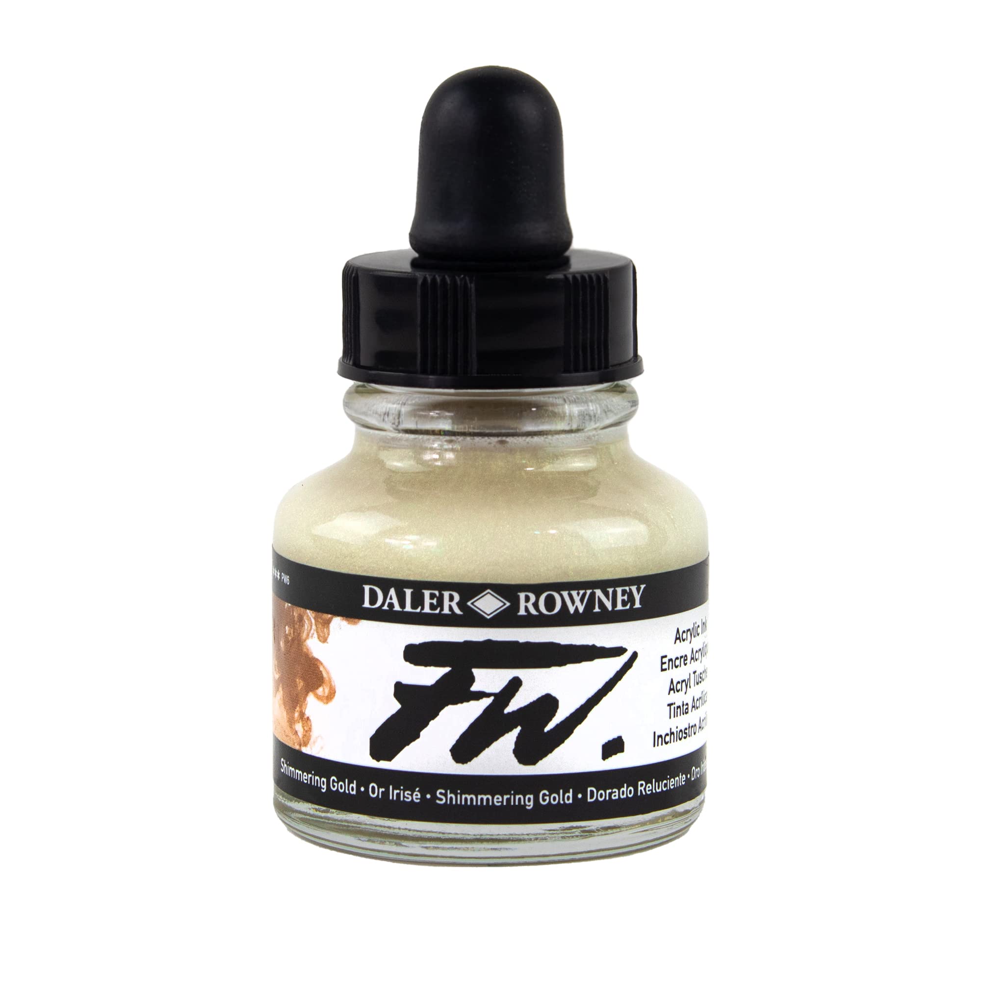 Daler-Rowney FW Acrylic Ink, Glass Bottle with Dropper, 1oz - 29.5 ml, Shimmering Gold — image 1