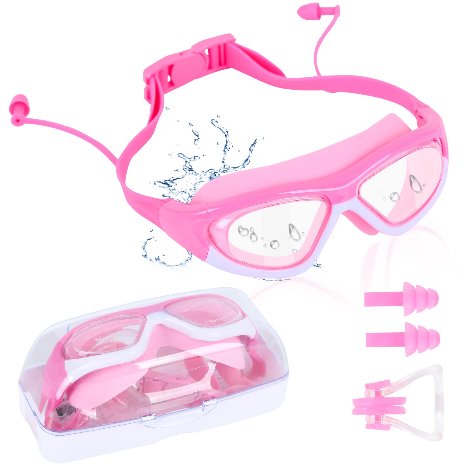 Jodsen Swimming Goggles, Anti-Fog Kids Swim Goggles with Ear Plugs and Nose Clip, UV Protection Wide Vision Kids Swimming Glasses with Adjustable Silicone Strap for Boys, Girls (Pink)