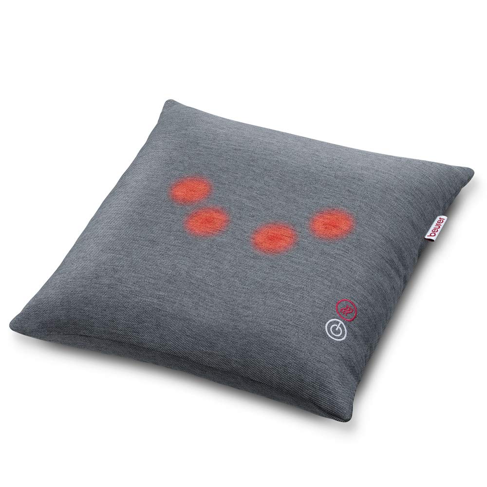 Beurer MG135 - Almohada de masaje Shiatsu con función luz y calor, para nuca, espalda y piernas, 4 cabezales masaje rotatorio, funda lavable, funda 40 x 40 cm, gris