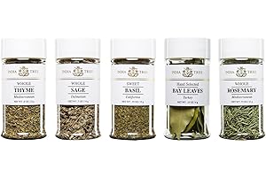 India Tree Kitchen Herb Essentials Gift Pack - 5 Jars of Mediterranean Thyme, Dalmatian Sage, California Basil, Turkish Bay Leaves, and Mediterranean Rosemary