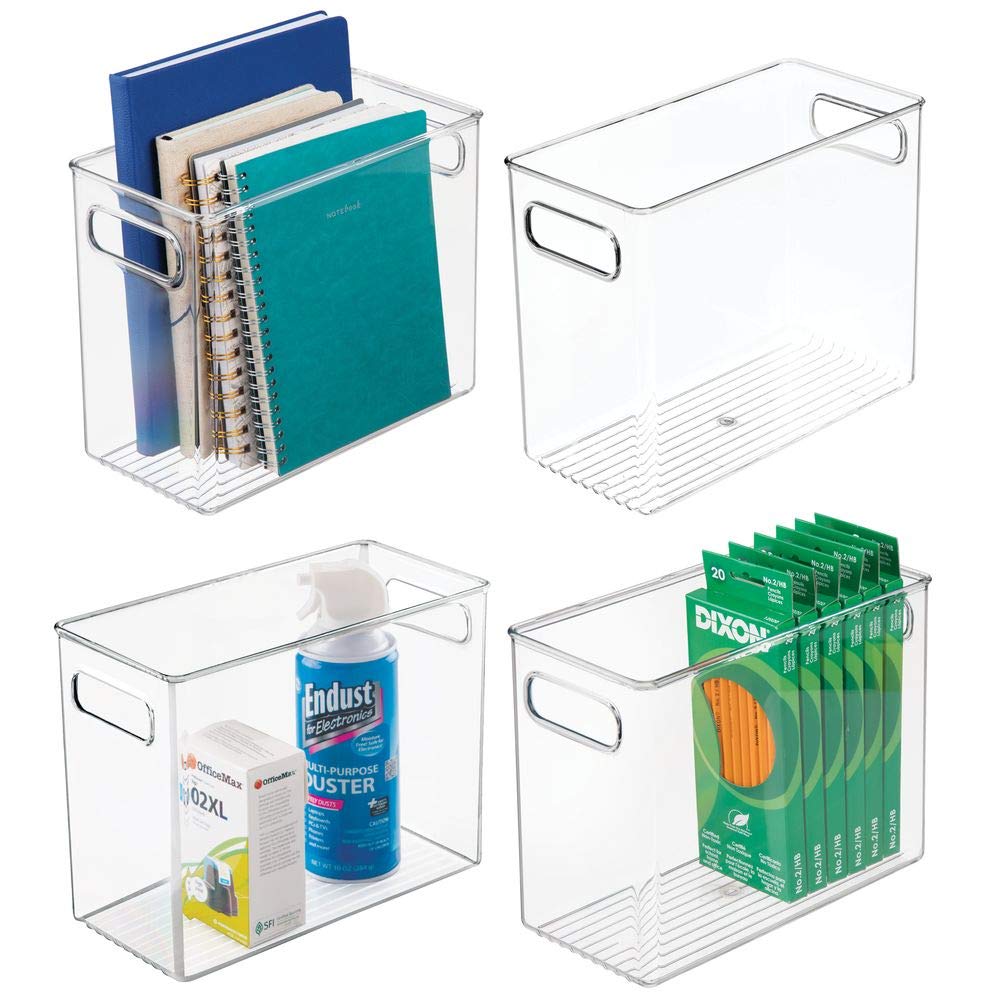 mDesign Plastic Home, Office Storage Organizer Bin with Handles - Container for Cabinets, Drawers, Desks, Workspace - BPA Free - for Pens, Pencils, Highlighters, Notebooks - 5" Wide, 4 Pack - Clear