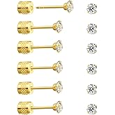 Threadless Flat Back Stud Earrings, 6 Pairs Titanium Hypoallergenic Earrings for Women Men, Cubic Zirconia Silver Gold Stud Earrings Surgical Stainless Steel Stud Earring Set for Cartilage 2-8mm