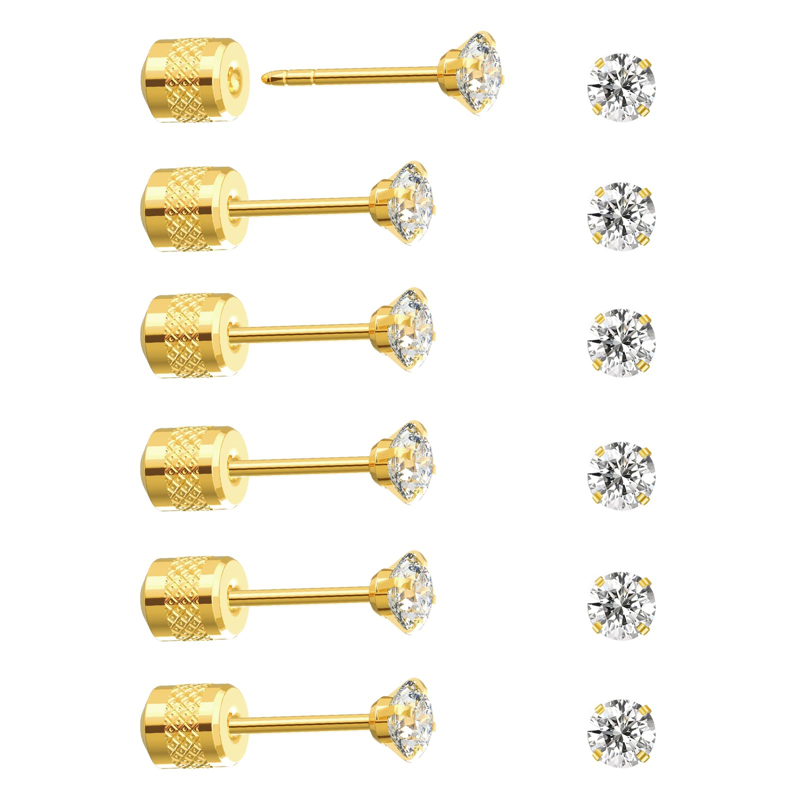Threadless Flat Back Stud Earrings, 6 Pairs