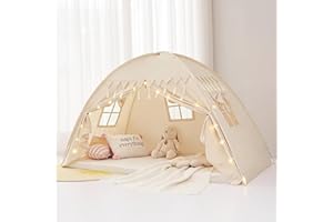 Akiky Bed Tent Bed Canopy Twin Size with Bottom,Kids Tent Indoor Floor with Lights Portable Foldable Bunk Curtains for Girls Boys (Natural, Twin)